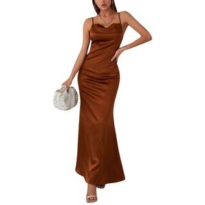 Black Fashion Woman Spaghetti Straps Draped Front Copper Satin Cami Dress Large